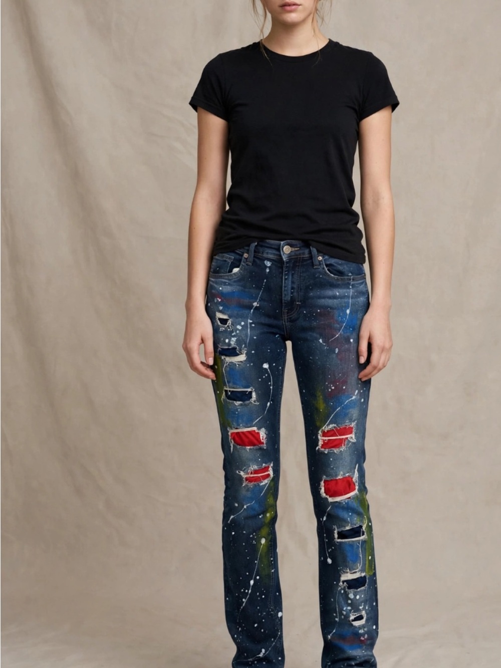 Women’s Distressed Paint-Splatter Jeans - Navy with Red & White Accents